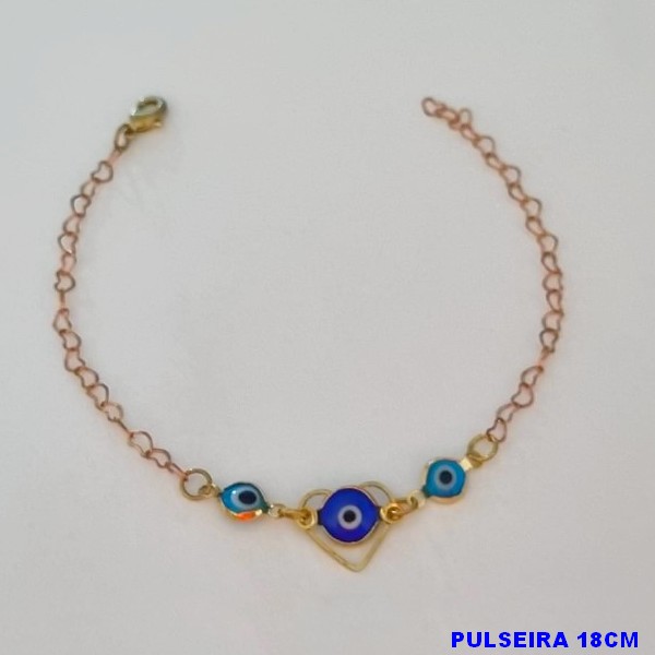 PULSEIRA NO BRUTO PRONTO PARA O BANHO(CX79)-  PULSEIRA FEMININA OLHO GREGO E CORAÇÃO - TAMANHO 18CM  - PESO 1,9GR  E FECHO LAGOSTA - BRU100415A