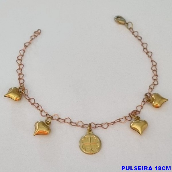 PULSEIRA NO BRUTO PRONTO PARA O BANHO(CX79) -  PULSEIRA FEMININA CORAÇÕES LISO E PINGENTE TREVO - TAMANHO 18CM  - PESO 2,7GR  E FECHO LAGOSTA - BRU100417A
