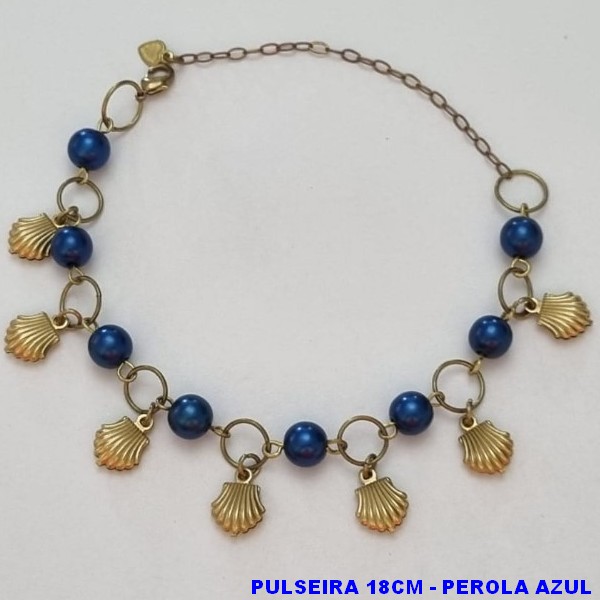 PULSEIRA NO BRUTO PRONTO PARA O BANHO(CX79) -  PULSEIRA FEMININA PÉROLA AZUL COM CONCHAS - TAMANHO 18CM + EXTNSOR - PESO 6,5GR  E FECHO LAGOSTA - BRU100418A