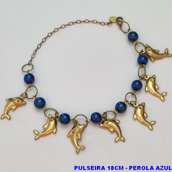 PULSEIRA NO BRUTO PRONTO PARA O BANHO(CX78)-  PULSEIRA FEMININA COM PÉROLAS AZUÍS COM GOLFINHOS  - TAMANHO 17CM + EXTENSOR - PESO 8,1GR  E FECHO LAGOSTA - BRU100421A