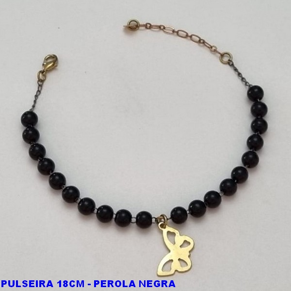 PULSEIRA NO BRUTO PRONTO PARA O BANHO(CX78) -  PULSEIRA FEMININA COM PÉROLAS NEGRAS E BORBOLETA LISA - TAMANHO 18CM + EXTENSOR - PESO 3,8GR  E FECHO LAGOSTA - BRU100423A
