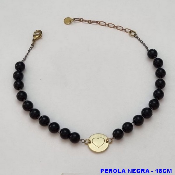 PULSEIRA NO BRUTO PRONTO PARA O BANHO(CX44) -  PULSEIRA FEMININA COM PÉROLAS NEGRAS COM CORAÇÃO - TAMANHO 18CM + EXTENSOR  - PESO 3,8GR  E FECHO LAGOSTA - BRU100437A