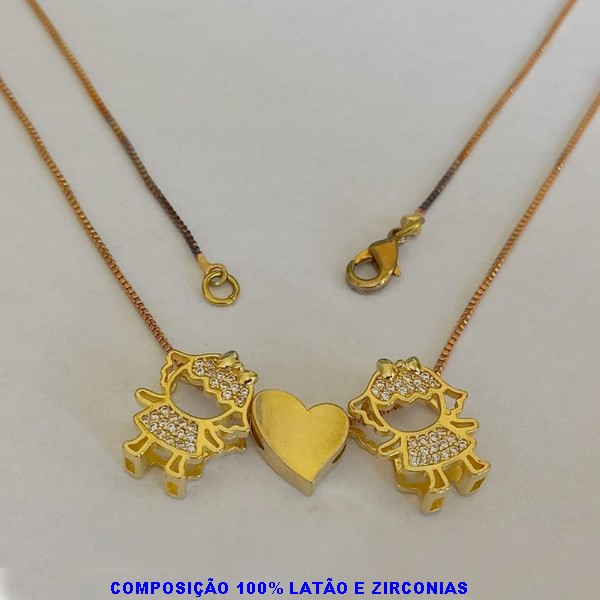 GARGANTILHA NO BRUTO PRONTO PARA O BANHO - COM CORRENTE VENEZIANA DE 45CM - COM FECHO LAGOSTA - COM  DUAS MENINAS CRAVEJADO DE 15MM -PESO TOTAL 4,9GR - BRU7306A