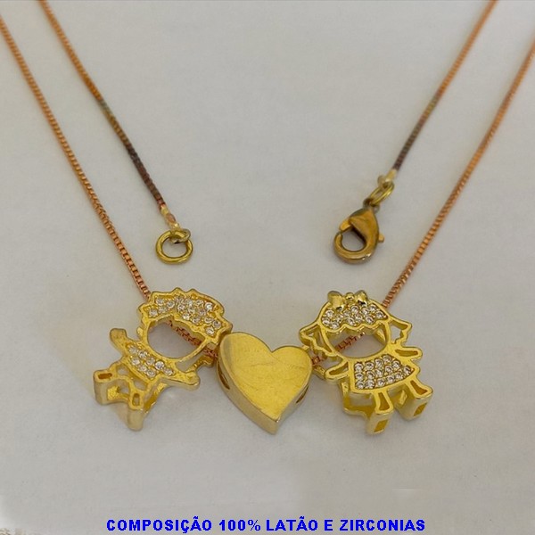 GARGANTILHA NO BRUTO PRONTO PARA O BANHO - COM CORRENTE VENEZIANA DE 45CM - COM FECHO LAGOSTA - COM UM MENINO E UMA MENINA CRAVEJADO DE 15MM -PESO TOTAL 4,9GR - BRU7307A