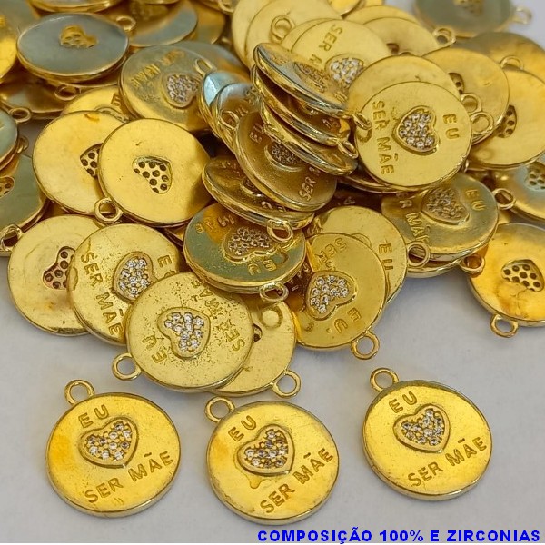 PINGENTE NO BRUTO PRONTO PARA O BANHO (CX32) - COM PINGENTE (EU AMO SER MÃE  EM 90% LATÃO E 10% ZIRCÔNIA - TAMANHO 12MM -  PESO TOTAL 1,5GR - BRU000118