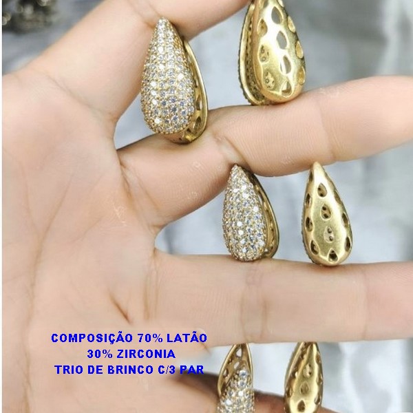 BRINCO NO BRUTO PRONTO PARA O BANHO - TRIO DE BRINCO TODO GRAVEJADO( TAMANHO 22/20/18MM) PESO TOTAL DO TRIO 21.5 - BRU5677
