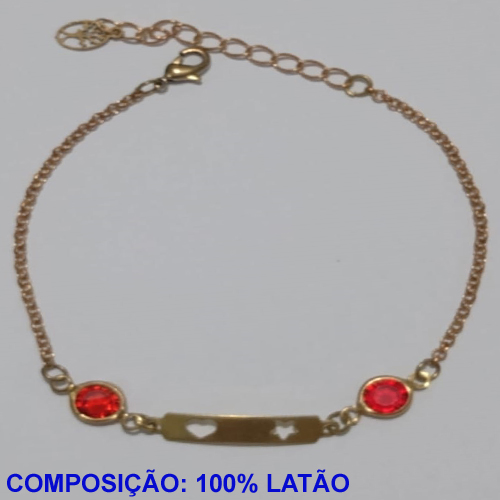 PULSEIRA NO BRUTO PRONTO PARA O BANHO(3.1168) PULSEIRA FEMININA PLACA CORAÇÃO E ESTRELA COM DOIS CRISTAIS VERMELHOS TAMANHO 17CM+ EXTENSOR - PESO 1.6GR E FECHO LAGOSTA - BRU11013A