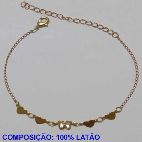 PULSEIRA NO BRUTO PRONTO PARA O BANHO(CX105)- PULSEIRA FEMININA COM UMA BORBOLETA CRISTAL E QUATRO CORAÇÕES - TAMANHO 18CM + EXTENSOR - PESO 1.4GR E FECHO LAGOSTA - BRU11023A