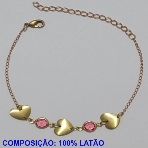 PULSEIRA NO BRUTO PRONTO PARA O BANHO(CX106)- PULSEIRA FEMININA COM DOIS CRISTAIS ROSA E TRÊS CORAÇÃO - TAMANHO 18CM + EXTENSOR - PESO 2.1GR E FECHO LAGOSTA - BRU11024A