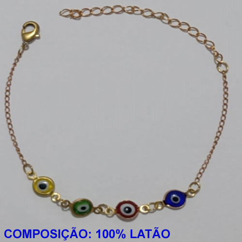 PULSEIRA NO BRUTO PRONTO PARA O BANHO(CX112)- PULSEIRA FEMININA COM QUATRO OLHO GREGO COLORIDO - TAMANHO 16CM + EXTENSOR - PESO 1.6GR E FECHO LAGOSTA - BRU11025A