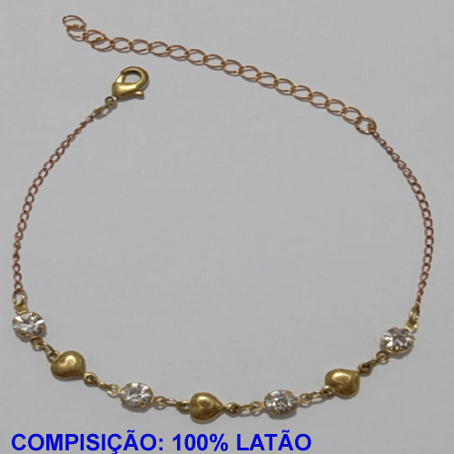 PULSEIRA NO BRUTO PRONTO PARA O BANHO- PULSEIRA FEMININA COM TRÊS CORAÇÃO + QUATRO CRISTAL  - TAMANHO 18CM + EXTENSOR - PESO 2.2GR E FECHO LAGOSTA - BRU11026A