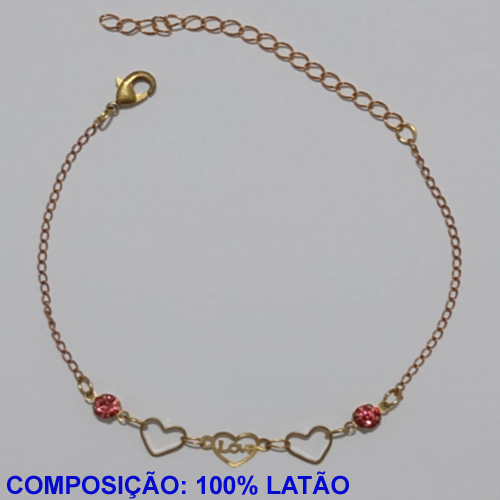 PULSEIRA NO BRUTO PRONTO PARA O BANHO- PULSEIRA FEMININA COM CORAÇÃO LOVE + DOIS CORAÇÃO VAZADO + DOIS CRISTAL ROSA - TAMANHO 17CM + EXTENSOR - PESO 1.3GR E FECHO LAGOSTA - BRU11029A