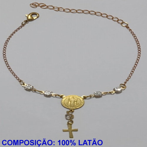 PULSEIRA NO BRUTO PRONTO PARA O BANHO(CX88)- PULSEIRA FEMININA MEDALHA SANTO COM CRISTAL E CRUZ PENDURADO + QUATRO CRISTAL - TAMANHO 17CM + EXTENSOR - PESO 2.2GR E FECHO LAGOSTA - BRU11033A