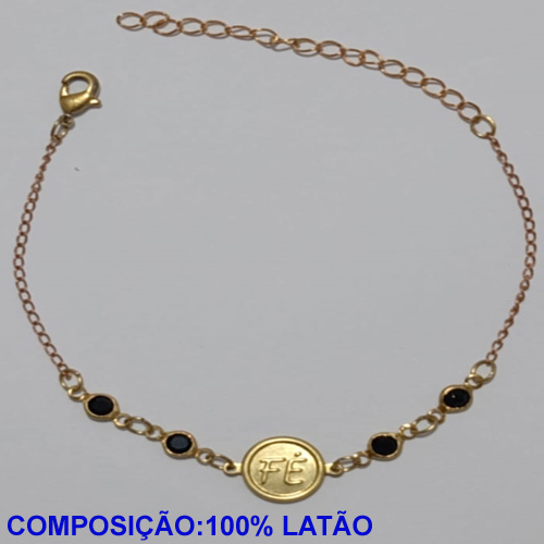 PULSEIRA NO BRUTO PRONTO PARA O BANHO(CX110)- PULSEIRA FEMININA MEDALHA FÉ COM ZIRCONIA REDONDA PRETO - TAMANHO 17CM + EXTENSOR - PESO 1.7GR E FECHO LAGOSTA - BRU11036A