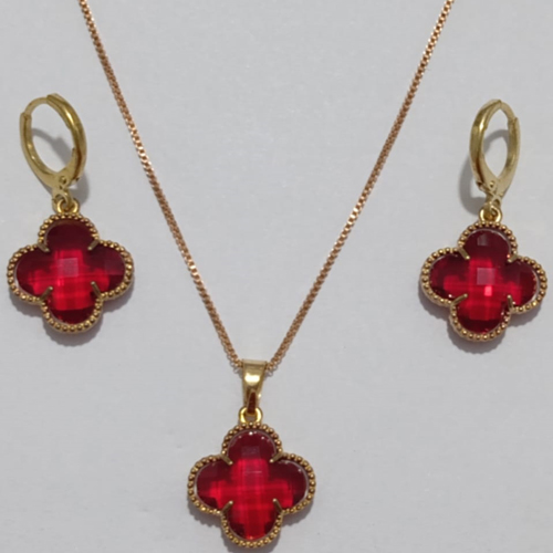 CONJUNTO (VAN CLEFF) NO BRUTO PRONTO PARA O BANHO  - GARGANTILHA  COM CORRENTE VENEZIANA DE 45CM - BRINCO COM ARGOLA DE PRESSÃO (COR VERMELHO) - PESO TOTAL: 7.2GR - BRU8894