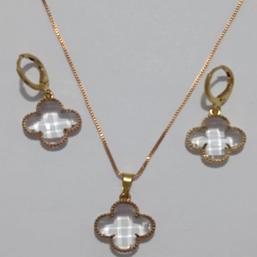 CONJUNTO (VAN CLEFF) NO BRUTO PRONTO PARA O BANHO  - GARGANTILHA  COM CORRENTE SINGAPURA DE 45CM - BRINCO 13.4MM COM ARGOLA DE PRESSÃO (COR CRISTAL) - PESO TOTAL: 7.2GR - BRU8895