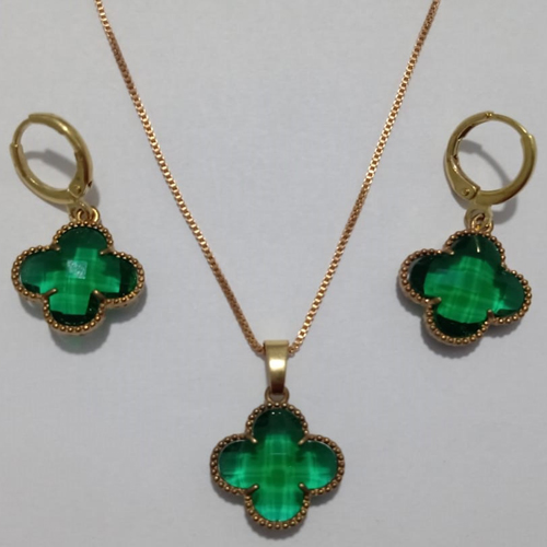 CONJUNTO (VAN CLEFF) NO BRUTO PRONTO PARA O BANHO  - GARGANTILHA  COM CORRENTE SINGAPURA DE 45CM - BRINCO 10MM COM ARGOLA DE PRESSÃO (COR VERDE) - PESO TOTAL: 7.2GR - BRU8896
