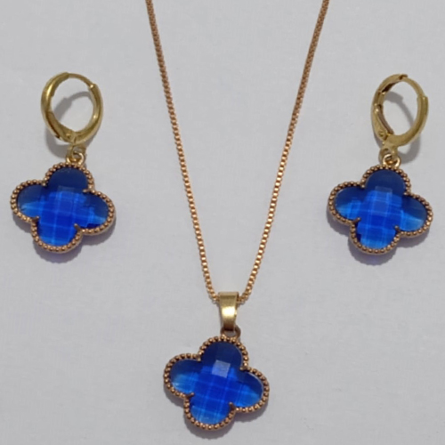 CONJUNTO (VAN CLEFF) NO BRUTO PRONTO PARA O BANHO  - GARGANTILHA  COM CORRENTE SINGAPURA DE 45CM - BRINCO 13.4MM COM ARGOLA DE PRESSÃO (COR AZUL) - PESO TOTAL: 7.2GR - BRU8897