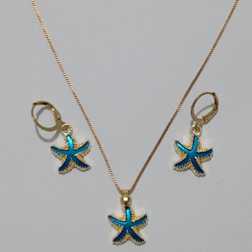 CONJUNTO NO BRUTO PRONTO PARA O BANHO(CX78) - COM CORRENTE VENEZIANA 45CM ESTRELA EM ALTA FUSÃO (AZUL) BRINCO COM ARGOLA - PESO TOTAL 6.4GR - PINGENTE/BRINCO  TAM. 18MM - BRU11055A