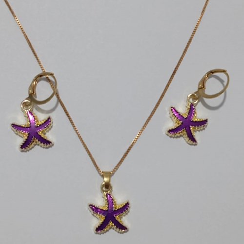 CONJUNTO NO BRUTO PRONTO PARA O BANHO(CX78) - COM CORRENTE VENEZIANA 45CM ESTRELA EM ALTA FUSÃO (ROXO) BRINCO COM ARGOLA - PESO TOTAL 6.4GR - PINGENTE/BRINCO  TAM. 18MM - BRU11056A