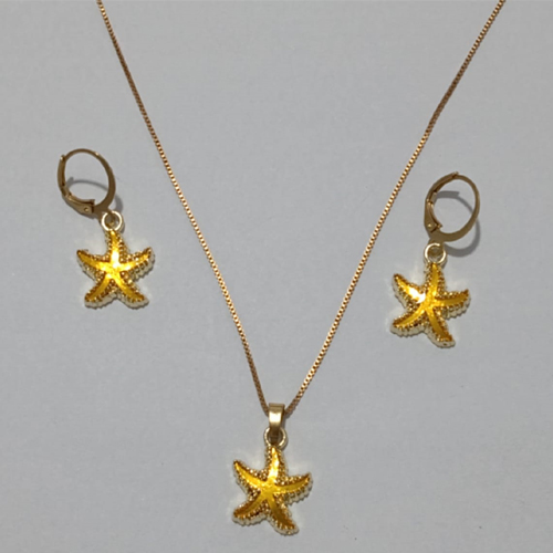 CONJUNTO NO BRUTO PRONTO PARA O BANHO(CX78) - COM CORRENTE VENEZIANA 45CM ESTRELA EM ALTA FUSÃO (AMARELO) BRINCO COM ARGOLA - PESO TOTAL 6.4GR - PINGENTE/BRINCO  TAM. 18MM - BRU11057A