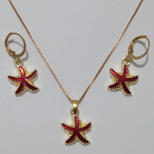 CONJUNTO NO BRUTO PRONTO PARA O BANHO(CX78) - COM CORRENTE VENEZIANA 45CM ESTRELA EM ALTA FUSÃO (VERMELHO) BRINCO COM ARGOLA - PESO TOTAL 6.4GR - PINGENTE/BRINCO  TAM. 18MM - BRU11058A