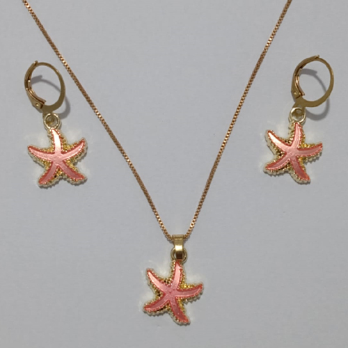 CONJUNTO NO BRUTO PRONTO PARA O BANHO(CX78) - COM CORRENTE VENEZIANA 45CM ESTRELA EM ALTA FUSÃO (ROSA) BRINCO COM ARGOLA - PESO TOTAL 6.4GR - PINGENTE/BRINCO  TAM. 18MM - BRU11059A