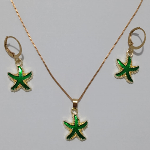 CONJUNTO NO BRUTO PRONTO PARA O BANHO(CX78) - COM CORRENTE VENEZIANA 45CM ESTRELA EM ALTA FUSÃO (VERDE) BRINCO COM ARGOLA - PESO TOTAL 6.4GR - PINGENTE/BRINCO  TAM. 18MM - BRU11060A