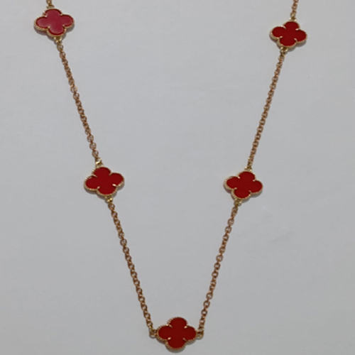 GARGANTILHA (COLAR ) NO BRUTO PRONTO PARA O BANHO (VAN CLEEF)- COM CORRENTE CADEADO COLAR DE 60CM(COR VERMELHO) - COM CINCO TREVO 13MM - PESO TOTAL 7.2GR - TREVO 70% LATÃO E 30% VIDRO - BRU07534