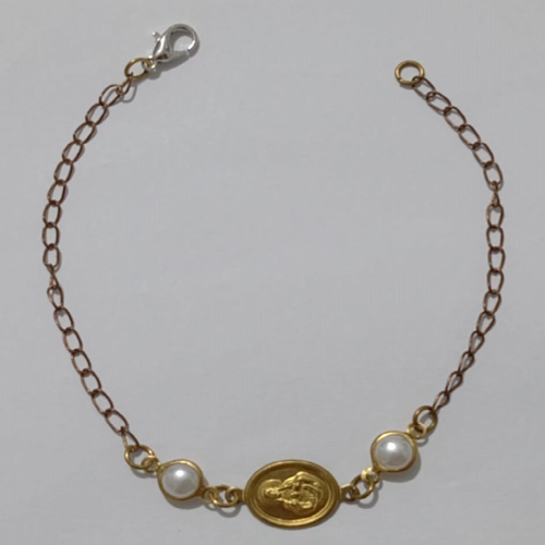 PULSEIRA NO BRUTO PRONTO PARA O BANHO(CX97) - PULSEIRA FEMININA MEDALHA SANTO + DUAS PEROLA - TAMANHO 18CM - PESO 1.6GR E FECHO LAGOSTA - BRU110061