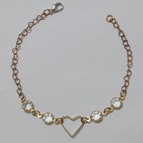 PULSEIRA NO BRUTO PRONTO PARA O BANHO(CX92) - PULSEIRA FEMININA MEDALHA CORAÇÃO VAZADO + QUATRO ZIRCONIA (CRISTAL) - TAMANHO 18CM - PESO 2.0GR E FECHO LAGOSTA - BRU110066