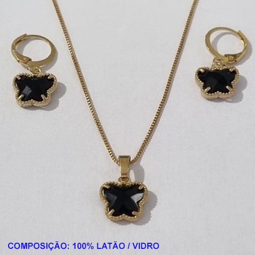 CONJUNTO (VAN CLEFF) NO BRUTO PRONTO PARA O BANHO  - GARGANTILHA  COM CORRENTE VENEZIANA DE 45CM - BRINCO 11MM COM ARGOLA DE PRESSÃO PRETO - PESO TOTAL: 5,0GR - BRU001121A