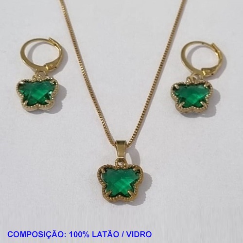 CONJUNTO (VAN CLEFF) NO BRUTO PRONTO PARA O BANHO  - GARGANTILHA  COM CORRENTE VENEZIANA DE 45CM - BRINCO 11MM COM ARGOLA DE PRESSÃO VERDE- PESO TOTAL: 5,0GR - BRU001123A