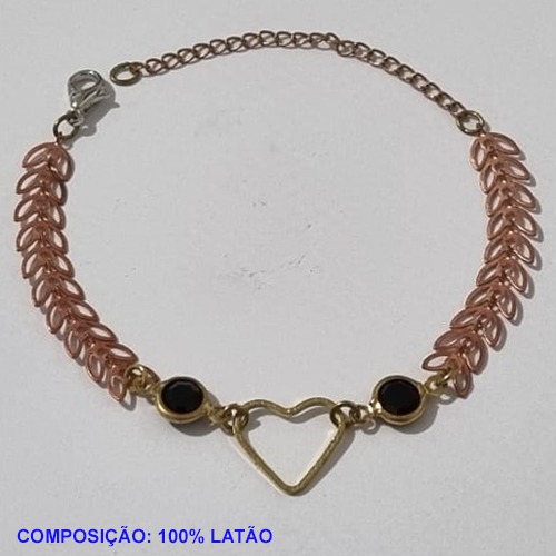 PULSEIRA NO BRUTO PRONTO PARA O BANHO(CX104) -  PULSEIRA FEMININA CORAÇÃO VAZADO COM PEDRAS CRISTAL PRETA - TAMANHO 18CM + EXTENSOR - PESO 2,0GR  E FECHO LAGOSTA - BRU001139A