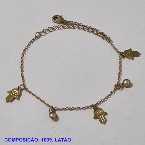 PULSEIRA NO BRUTO PRONTO PARA O BANHO(CX110) -  PULSEIRA FEMININA MÃO DE HANSÂ E MINI PÉROLAS - TAMANHO 18CM + EXTENSOR - PESO 2,0GR  E FECHO LAGOSTA - BRU001141A