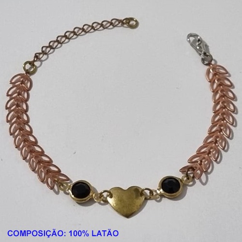 PULSEIRA NO BRUTO PRONTO PARA O BANHO(CX92) -  PULSEIRA FEMININA CORAÇÃO LISO COM PEDRA CRISTAL PRETA  - TAMANHO 18CM + EXTENSOR - PESO 2,0GR  E FECHO LAGOSTA - BRU001143A