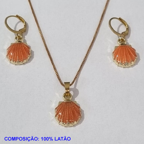 CONJUNTO BRUTO PRONTO PARA O BANHO(CX77) COM CORRENTE VENEZIANA 45CM - BRINCO COM ARGOLINHA DE PRESSAO - CONCHA ESMALTADA 13MM - PESO TOTAL 6.6GR - BRU001170A