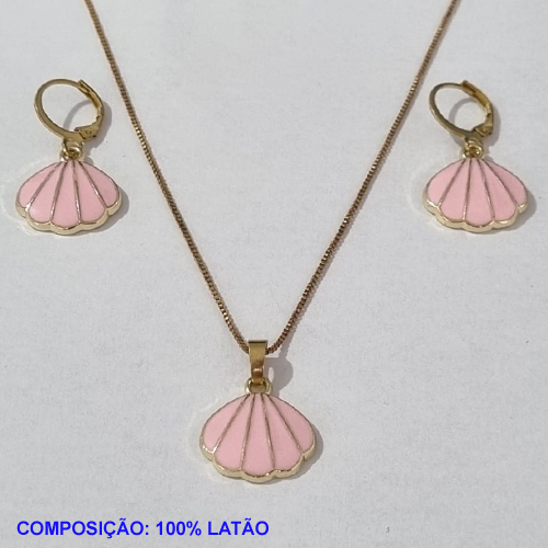 CONJUNTO BRUTO PRONTO PARA O BANHO(CX78) COM CORRENTE VENEZIANA 45CM - BRINCO COM ARGOLINHA DE PRESSAO - CONCHA ESMALTADA 17MM - PESO TOTAL 7,4GR - BRU001178A