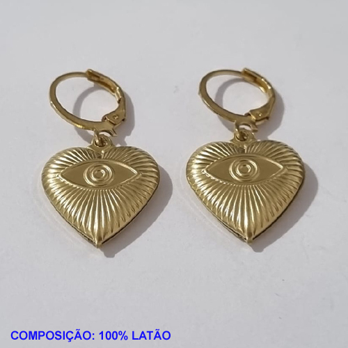 BRINCO NO BRUTO PRONTO PARA O BANHO - COMPOSIÇÃO 100% LATÃO ARGOLA DE PRESSÃO (3865) CORAÇÃO 17MM DIAMANTADO OLHO GREGO PESO-3,8GR BRU001189A