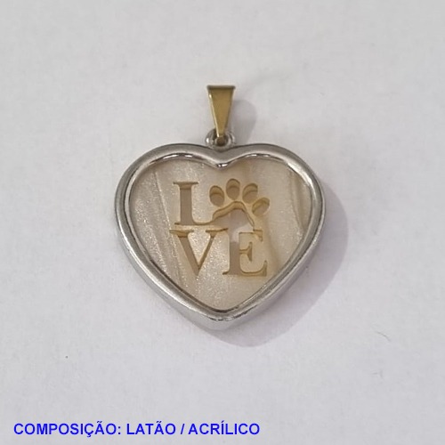 PINGENTE BRUTO PRONTO PARA BANHO (CX11) COMPOSIÇÃO LATÃO E ACRÍLICO  CORAÇÃO 23MM LOVE PET PESO TOTAL 2,6GR - BRU001198A