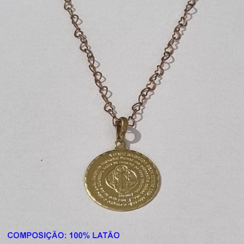 GARGANTILHA NO BRUTO PRONTO PARA O BANHO - COM CORRENTE CORAÇÃO 50CM COM CONTRA ARGOLA ESPECIAL(715) PINGENTE REDONDO 25MM C/ ORAÇAO SAO BENTO - PESO TOTAL 4.5GR - BRU001257A