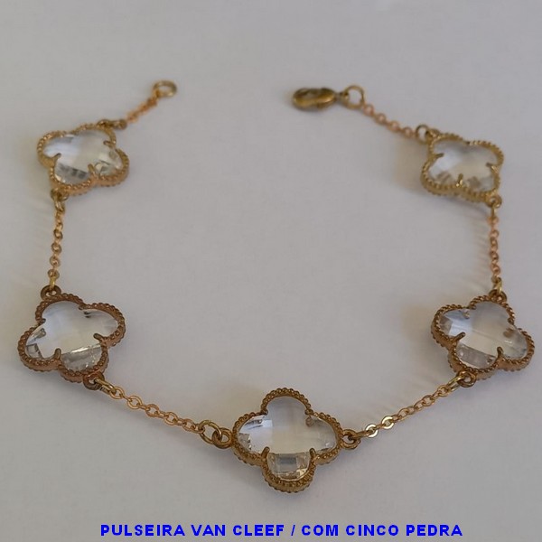 PULSEIRA NO BRUTO PRONTO PARA O BANHO(VAN CLEEF) -COM CORRENTE CADEADO TAMANHO 18CM -  COM CINCO TREVO  14MM - PESO 6.1GR   - BRU7542D