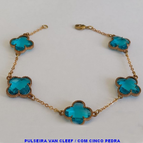 PULSEIRA NO BRUTO PRONTO PARA O BANHO(VAN CLEEF) -COM CORRENTE CADEADO TAMANHO 18CM -  COM CINCO TREVO 14MM - PESO 6.1GR   - BRU7542F