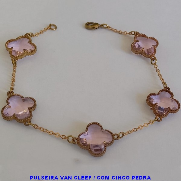 PULSEIRA NO BRUTO PRONTO PARA O BANHO(VAN CLEEF) -COM CORRENTE CADEADO TAMANHO 18CM -  COM CINCO TREVO ROSA - PESO 6.1GR   - BRU7542G