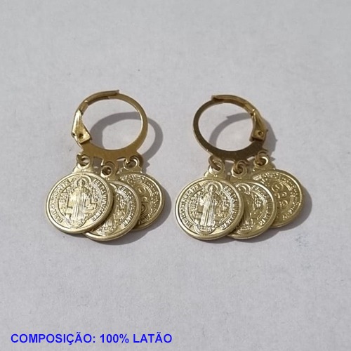 BRINCO BRUTO PRONTO PARA BANHO ARGOLA PRESSÃO (2951) PINGENTE SÃO BENTO EM PÉ 11MM BRINCO COM 3 PINGENTES CADA - PESO TOTAL 4,3GR - BRU001329A