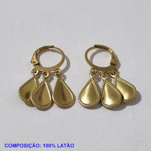 BRINCO BRUTO PRONTO PARA BANHO ARGOLA PRESSÃO (3707) GOTA 12MM BORDA TORCIDA - BRINCO COM 3 PINGENTES CADA - PESO TOTAL 3,2GR - BRU001330A