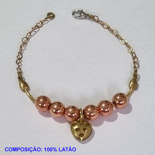 PULSEIRA NO BRUTO PRONTO PARA O BANHO(CX79) -  PULSEIRA FEMININA BOLINHAS LISAS E CORAÇÃO VAZADO  - TAMANHO 18CM - PESO 3.5GR  E FECHO LAGOSTA - BRU001401A