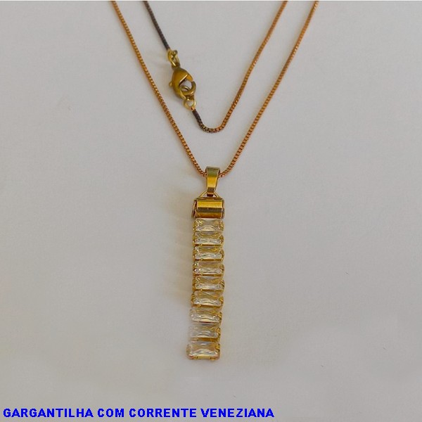 GARGANTILHA NO BRUTO PRONTO PARA O BANHO - PINGENTE TODO EM ZIRCONIA - CORRENTE VENEZIANA DE 45CM - PESO TOTAL 3,5CM - BRU7296A