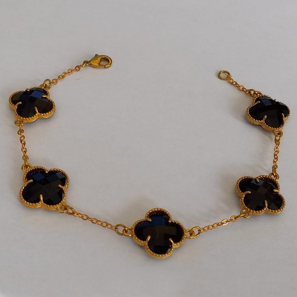 PULSEIRA NO BRUTO PRONTO PARA O BANHO(VAN CLEEF) -COM CORRENTE CADEADO TAMANHO 18CM -  COM CINCO TREVO NEGRO 14MM - PESO 6.1GR   - BRU7542H