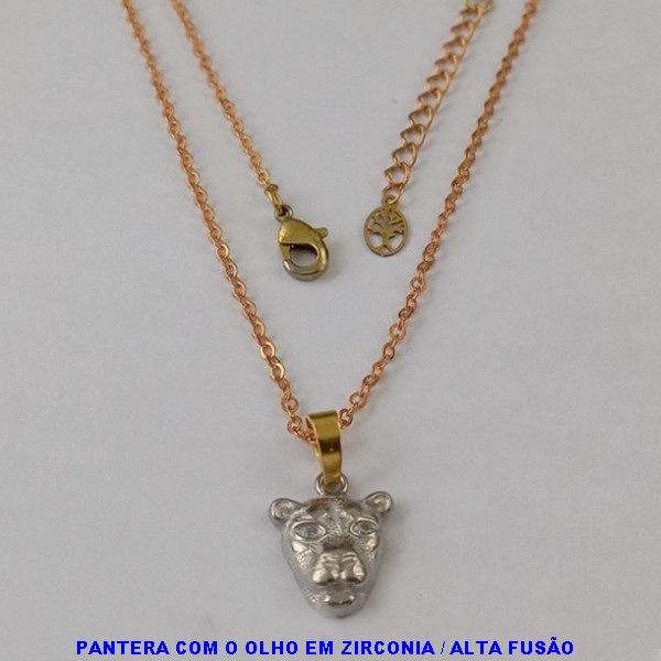 GARGANTILHA NO BRUTO PRONTO PARA O BANHO - PINGENTE DE PANTERA COM DUASS ZIRCONIAS - TAMANHO DO PINGENTE 15MM - CORRENTE CADEADO DE 45CM+EXTENSOR - BRU3438